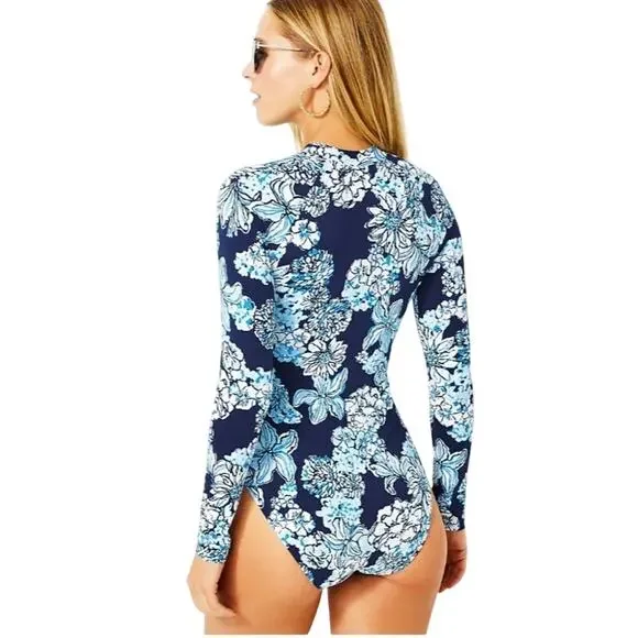 Lilly Pulitzer Randee Rashguard One Piece Swimsuit Low Tide Navy Bouquet All Day - Picture 2 of 14